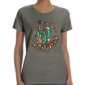 Merry Christmas Cactus Print T-Shirt