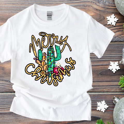 Image of Merry Christmas Cactus Print T-Shirt